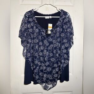 Kim Gogers Navy and White Floral Blouse with sheer poncho Sz 3X